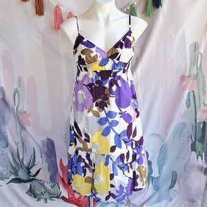 Y2k AEO Purple Floral Dress 10 Spaghetti Strap Cutout Ribbon Tie Ruffle Spring